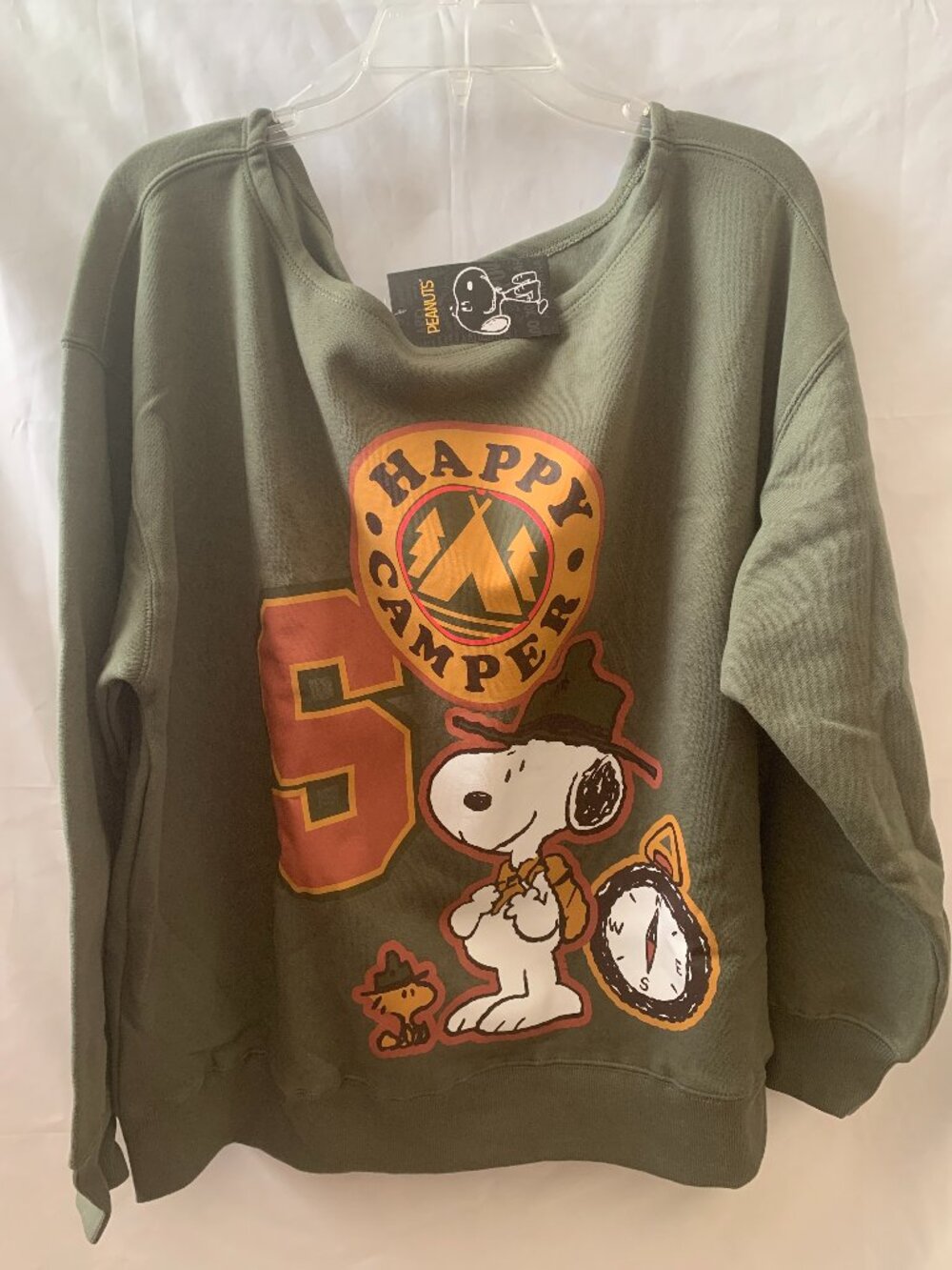 PEANUTS Snoopy & Woodstock Happy Camper Off the Shoulder Sweater Sz MEDIUM